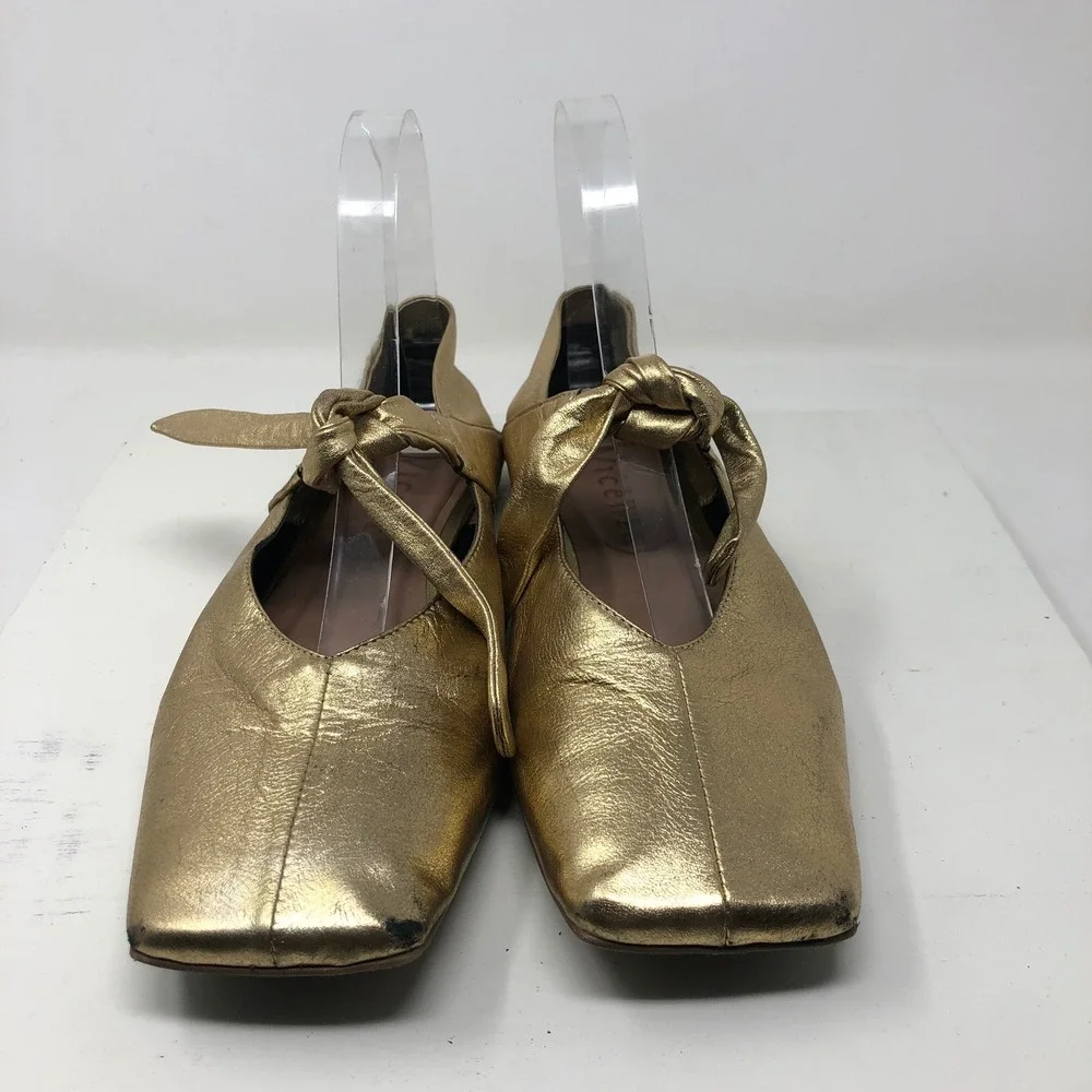 Vicenza Ballet Flats 8 Womens Gold Metallic Square Toe Knotted Strap Leather
